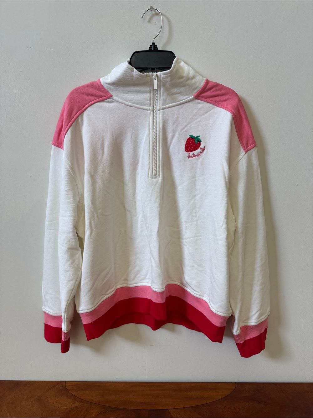 Kate spade ♠️White and Pink Strawberry Half-Zip Pullover Sweater,NWT 100 💯cotton